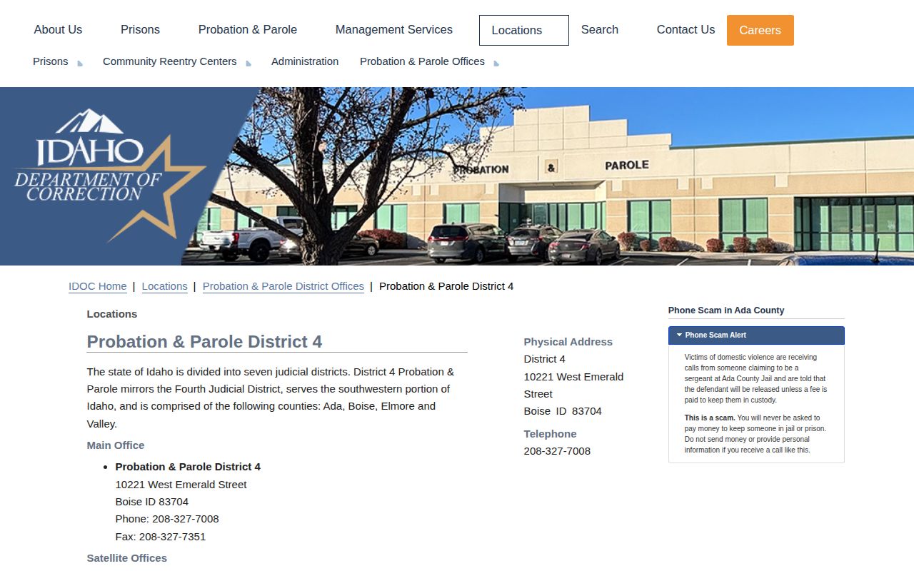 Idaho Department of Correction District 4 probation and parole page