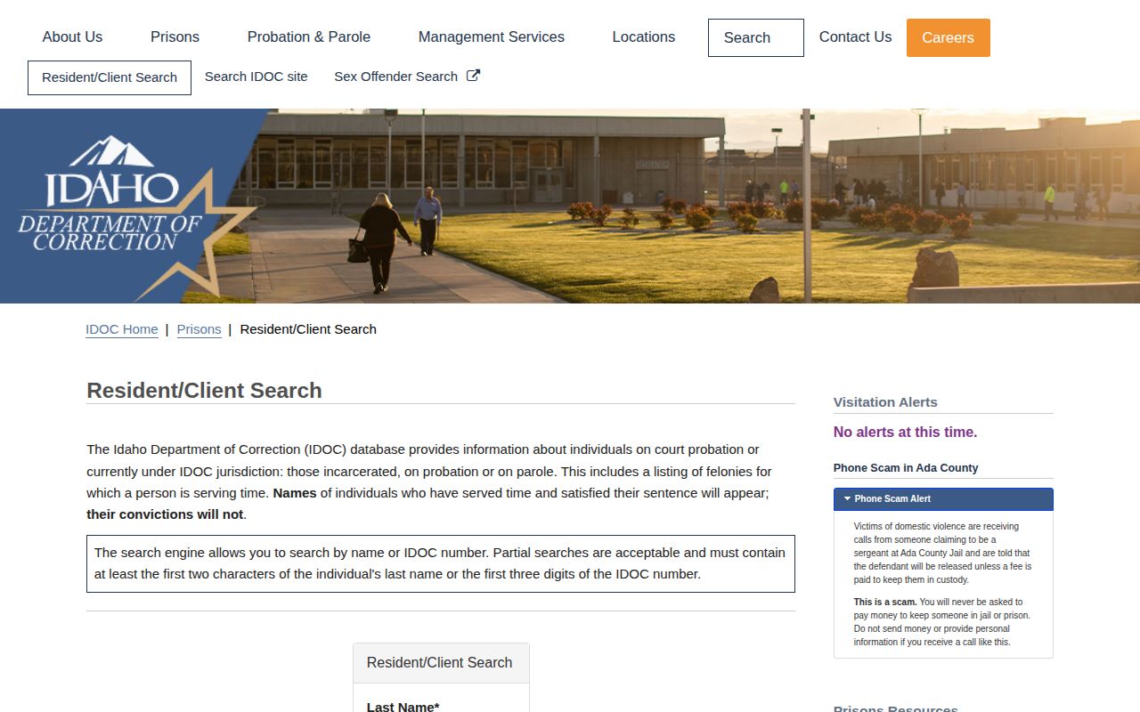 Idaho Department of Correction Resident Client Search form