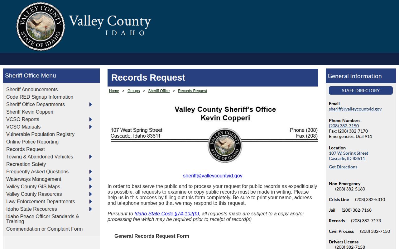 Valley County Sheriff public records request page